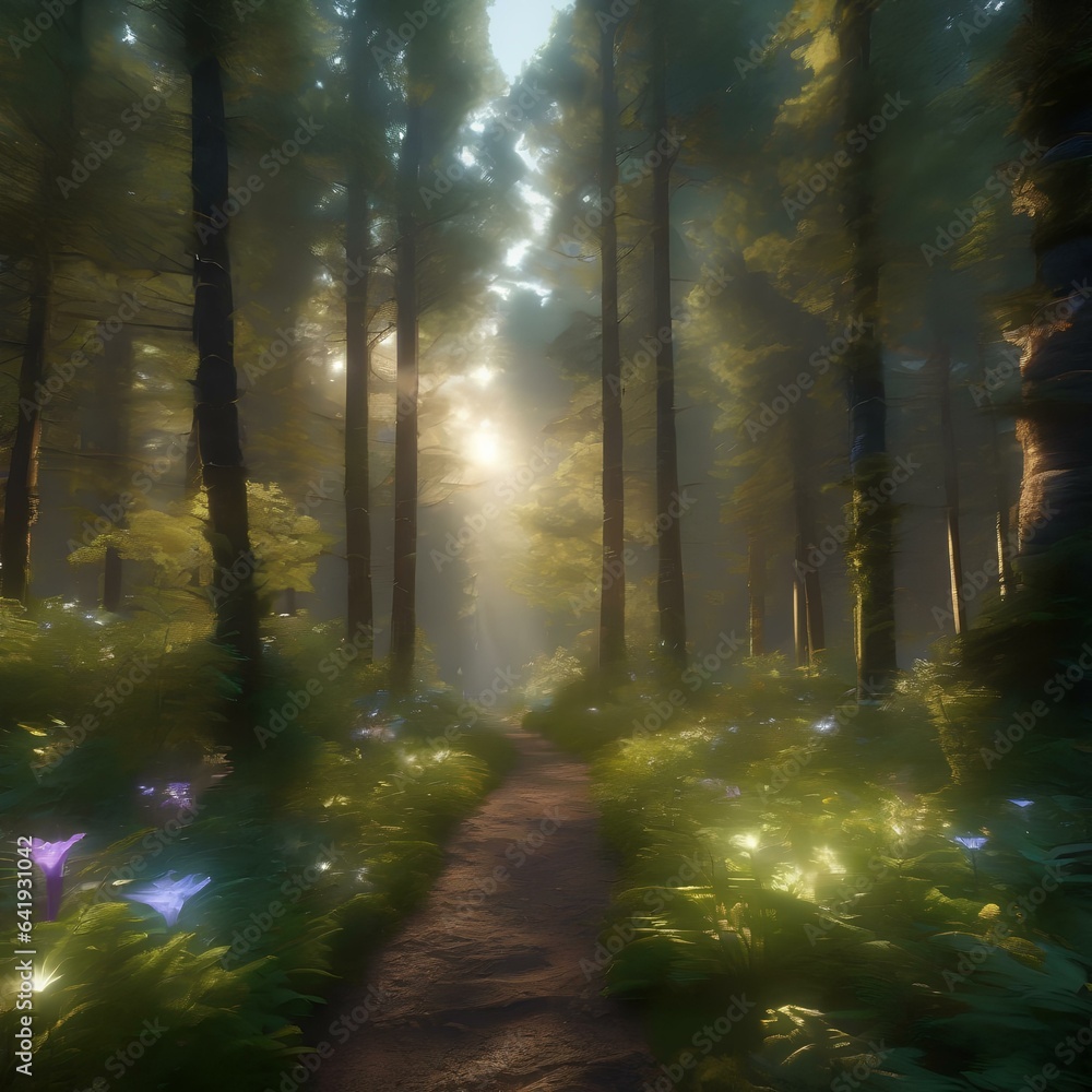 Obraz premium A digital forest alive with shimmering creatures of light and data2