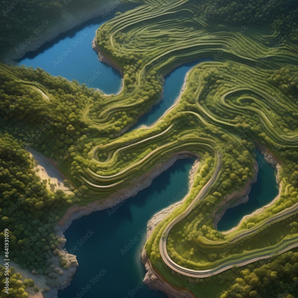 A pixelated river winding through a landscape of algorithmic terrain2