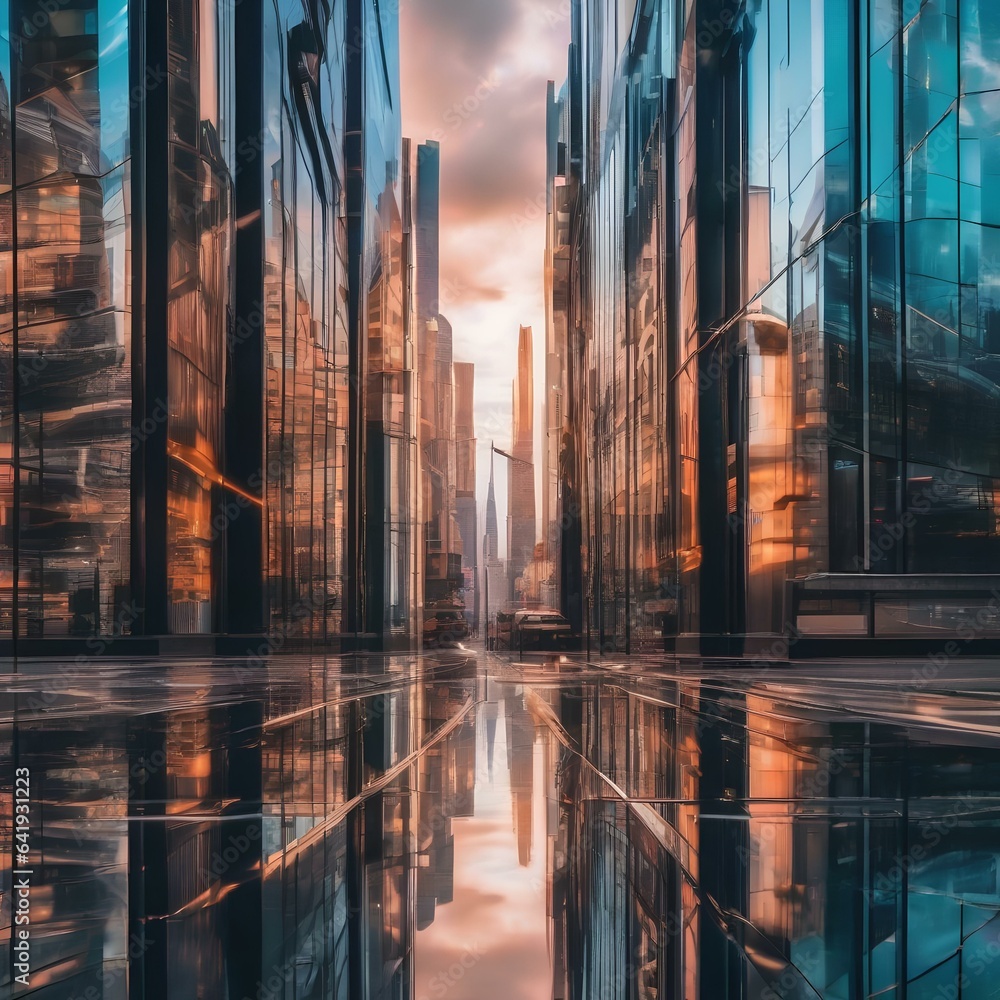 A glitched mirror reflecting distorted reflections of a futuristic city2 - obrazy, fototapety, plakaty 