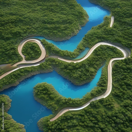 A pixelated river winding through a landscape of algorithmic terrain1