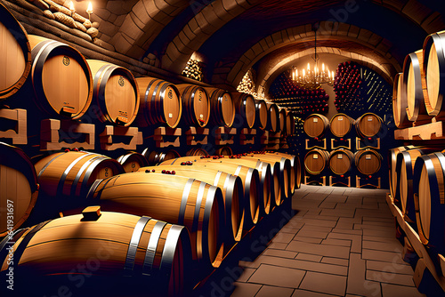 wine cellar with barrels generative ai