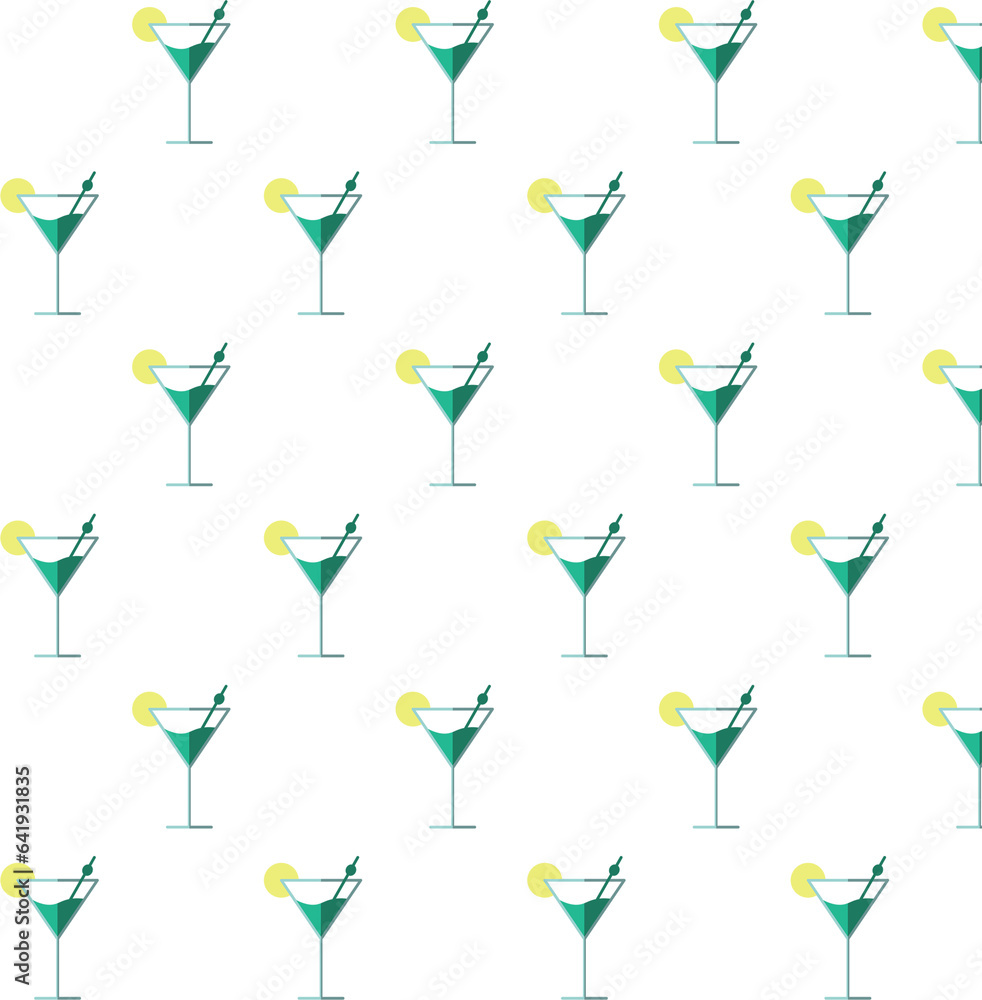 Digital png illustration of green cocktail in glass with lemon repeated on transparent background