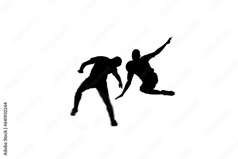 Digital png illustration of silhouettes of male american football players on transparent background