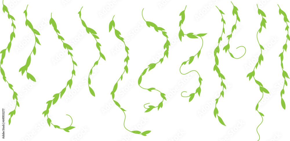 Garland from vertical wavy hanging plants with geen leaves. Simplistic foliage border. Vector isolated decoration element.