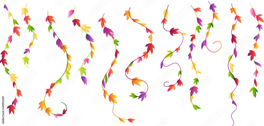 Garland from vertical wavy hanging plants with colorful autumn leaves. Simplistic foliage border. Vector isolated decoration element. Garland from vertical wavy hanging plants with colorful autumn leaves. Simplistic foliage border. Vector isolated decoration element.