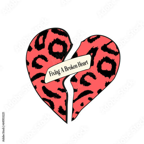 Illustration of a broken heart with an inscription. Print for printing a logo, icon, label