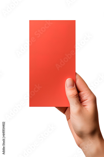 A human hand holding a blank sheet of red paper or card isolated on white background