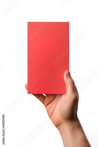 A human hand holding a blank sheet of red paper or card isolated on white background