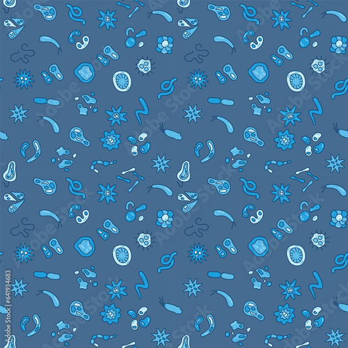 Bacteria and Microbes vector colored blue concept Seamless Pattern