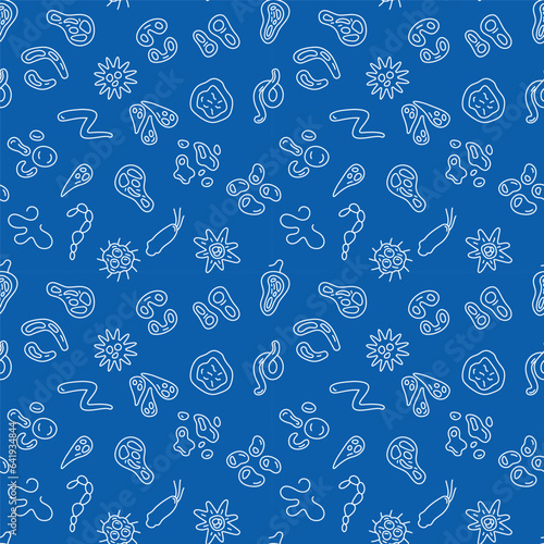 Bacteria thin line Seamless Pattern - Biology concept vector blue linear background