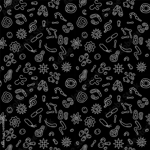 Microorganism and Bacteria vector Pathogen concept dark thin line seamless pattern