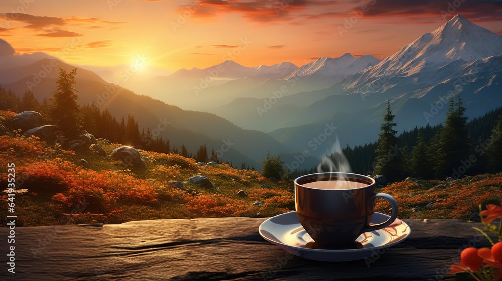 A cup of coffee on the toaca peak in the carpathians at sunset romania. Generative Ai - obrazy, fototapety, plakaty 