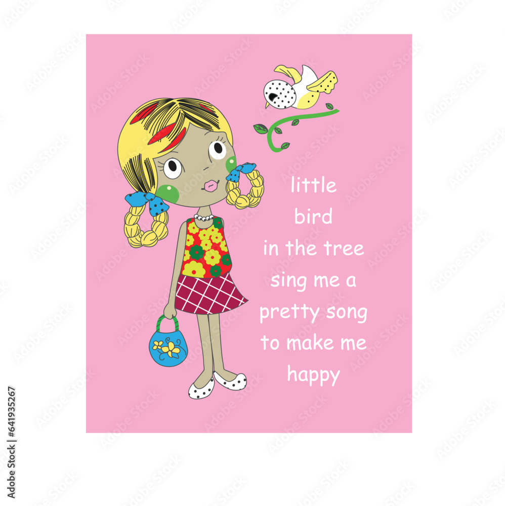 cute girls with bird t shirt print vector art cute girls with bird t shirt print vector art