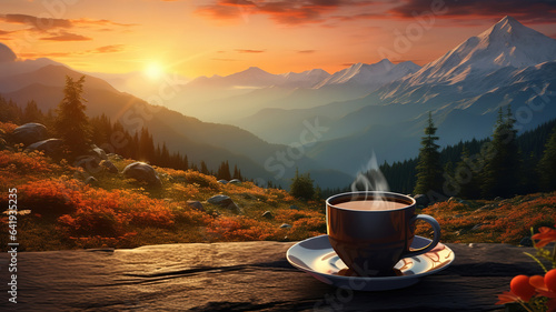 A cup of coffee on the toaca peak in the carpathians at sunset romania. Generative Ai photo