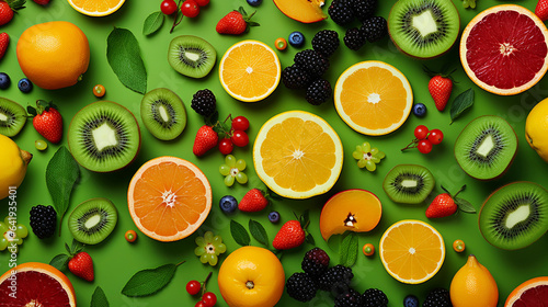 A Variety of Halved and Whole Fruits Presented on a Lush Green Canvas