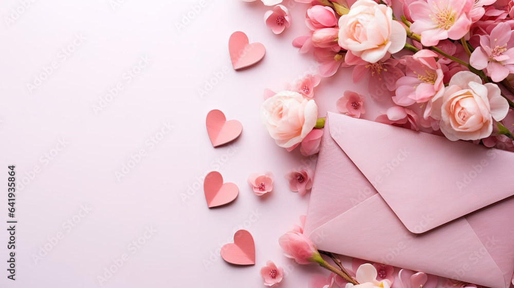 Envelope with small flower branches and roses. Generative Ai Envelope with small flower branches and roses. Generative Ai
