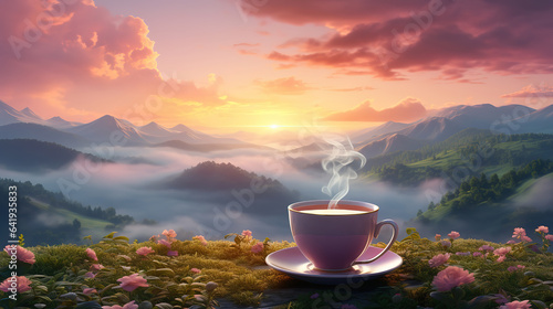 Morning tea, Cup of tea with steam forming a beautiful landscape with sunrise. Generative Ai