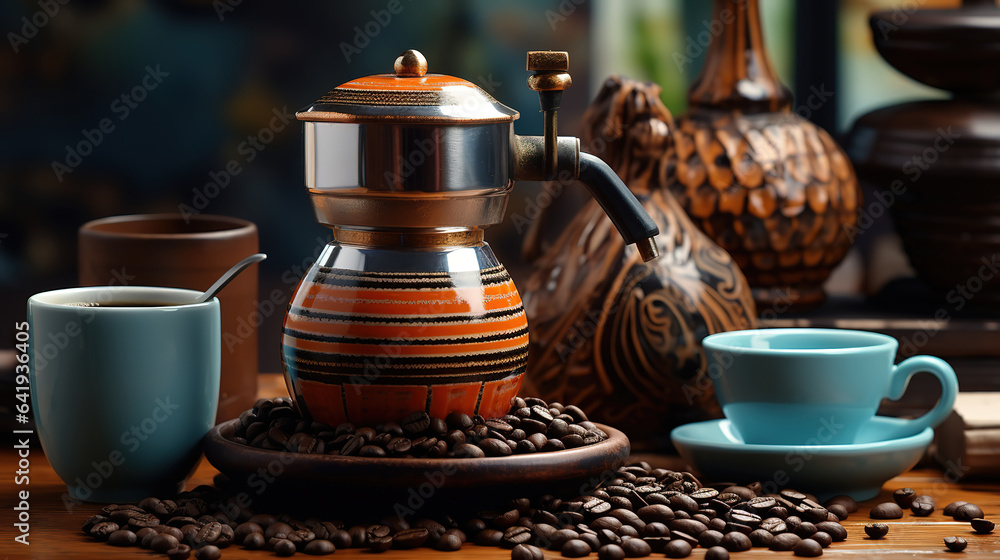 Fototapeta premium Coffee preparation concept still life. Generative Ai