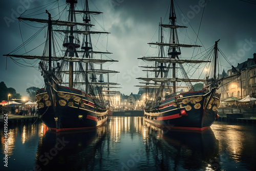 Sailing ships with lowered sails parked in the port at night. Ships at the pier.
