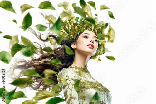 A portrait of beauty woman with nature green leaf, Asia face perfect healthy glow skin on white background. Generative AI. #641936825