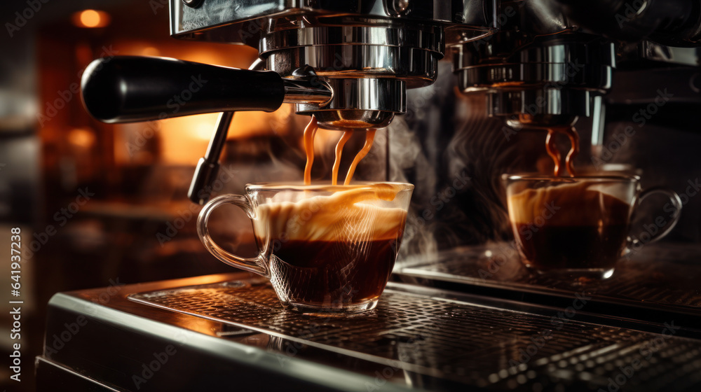 Espresso pouring from the coffee machine in the coffee shop Espresso pouring from the coffee machine in the coffee shop