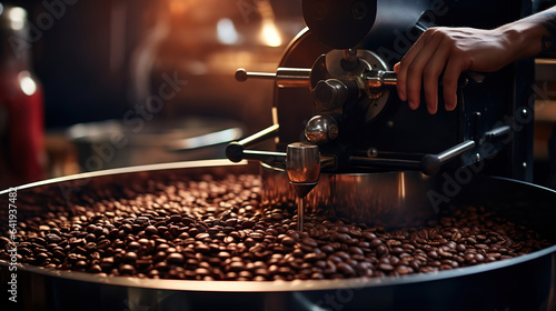 Hands holding freshly roasted aromatic coffee beans over a modern coffee roasting machine. Generative Ai