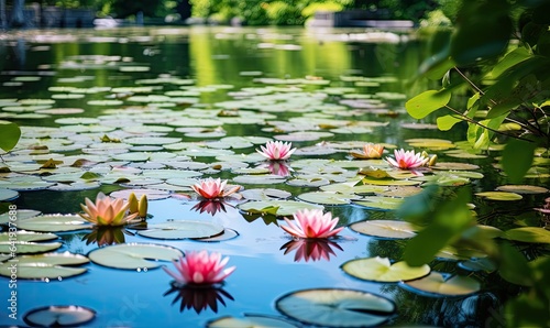 Photo of a serene pond filled with vibrant water lilies