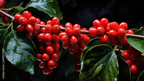 Coffee beans ripening, fresh coffee, red berry branch. Generative Ai photo