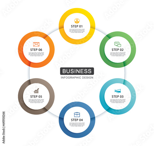 Infographics circle timeline with 6 number data template. Vector illustration abstract background.