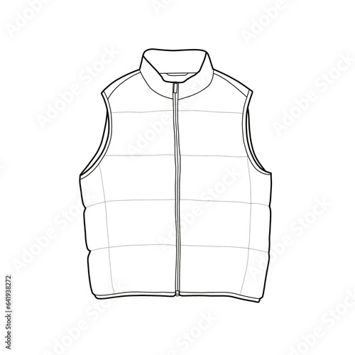 Sleeveless jacket, hooded puffer jacket Vector technical sketch. Mockup template.