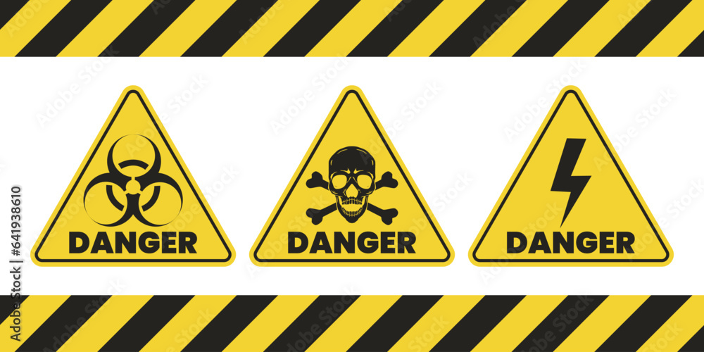 Set of danger yellow vector signs. Radiation signs, electrical signs, toxic signs. Set of danger yellow vector signs. Radiation signs, electrical signs, toxic signs.