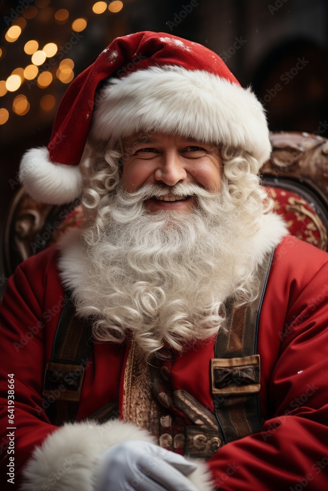 Portrait of Santa Claus sitting in a chair, dark background, a man in a red costume with an artificial beard during the New Year holidays Portrait of Santa Claus sitting in a chair, dark background, a man in a red costume with an artificial beard during the New Year holidays
