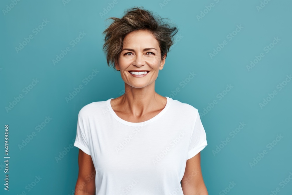 Close up of a 40s middle age woman smiling and wearing a white t-shirt on a turquoise background. Healthy face skin care beauty, skincare cosmetics, dental.