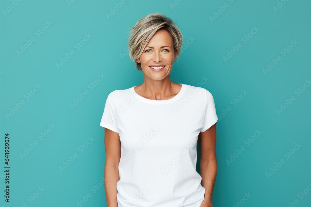 Close up of a 40s middle age woman smiling and wearing a white t-shirt on a turquoise background. Healthy face skin care beauty, skincare cosmetics, dental. Close up of a 40s middle age woman smiling and wearing a white t-shirt on a turquoise background. Healthy face skin care beauty, skincare cosmetics, dental.