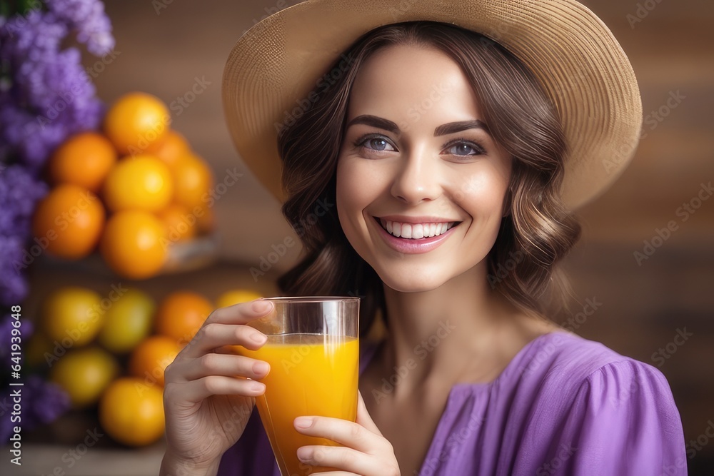 woman wearing purple shirt drinking orange juice woman wearing purple shirt drinking orange juice