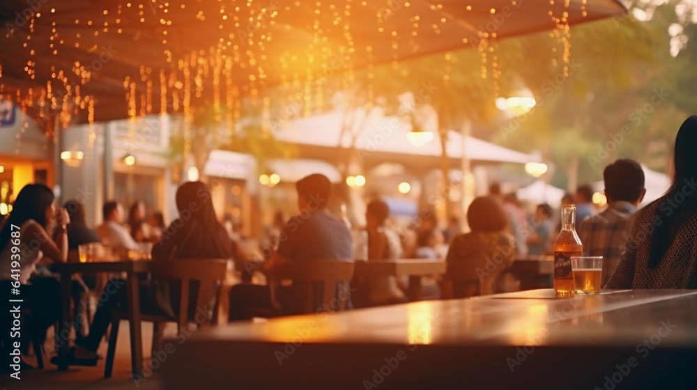 Bokeh Background of an Outdoor Street Bar and Beer Restaurant with People Enjoying the Ambiance