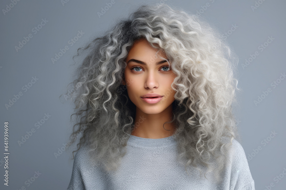 Portrait of a multicultural young woman with curly white hair in a studio shot Portrait of a multicultural young woman with curly white hair in a studio shot