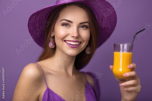 woman wearing purple shirt drinking orange juice