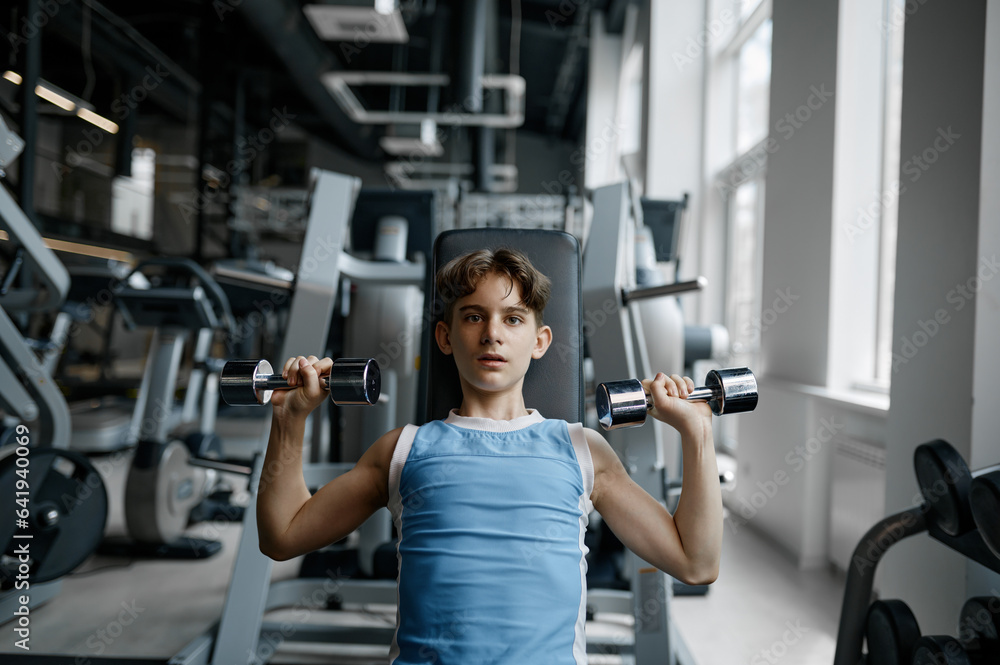Portrait of strong fitness boy training with dumbbells at gym Portrait of strong fitness boy training with dumbbells at gym