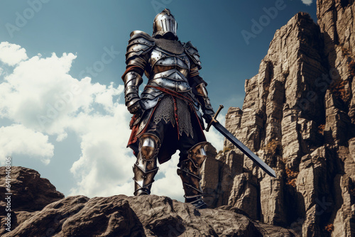 Medieval knight in dark steel armor with a sword