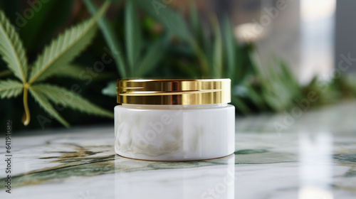 Cannabis Face Cream Jar Gracefully Presented on a Marble Table
