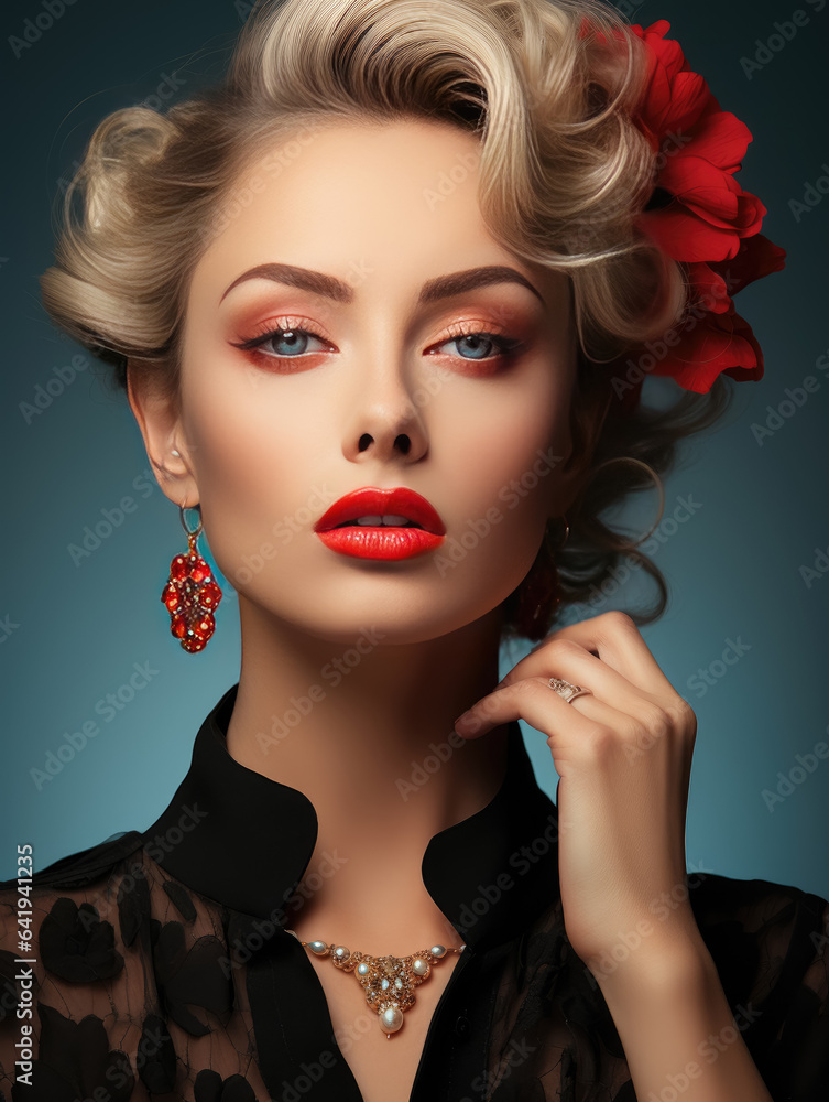 Fototapeta premium Portrait Sexy woman beauty face and Beauty Red Lips Makeup Detail , Lips Skin Care , Created with Generative Ai Technology