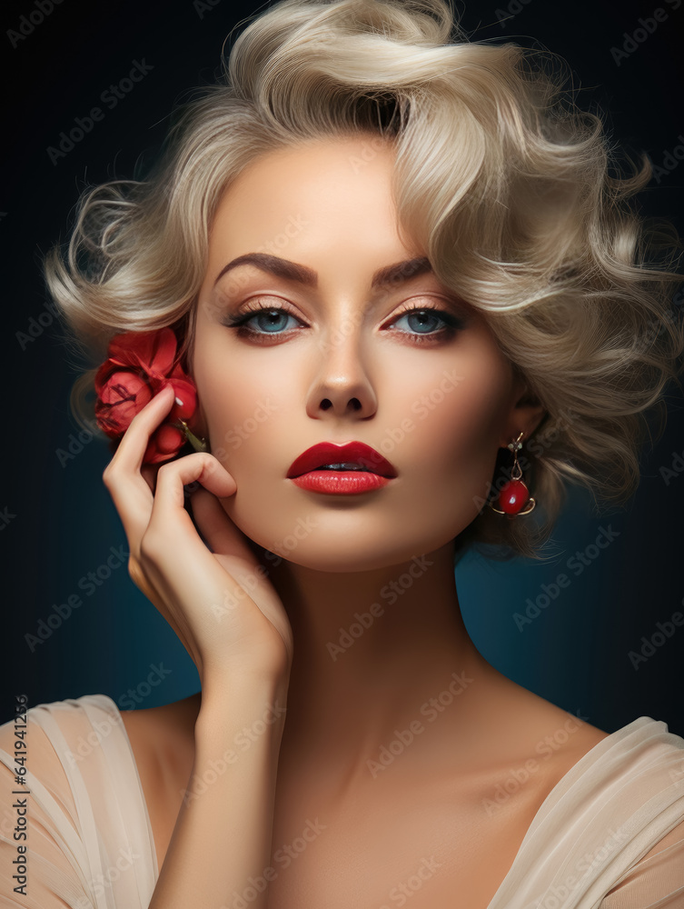 Fototapeta premium Portrait Sexy woman beauty face and Beauty Red Lips Makeup Detail , Lips Skin Care , Created with Generative Ai Technology