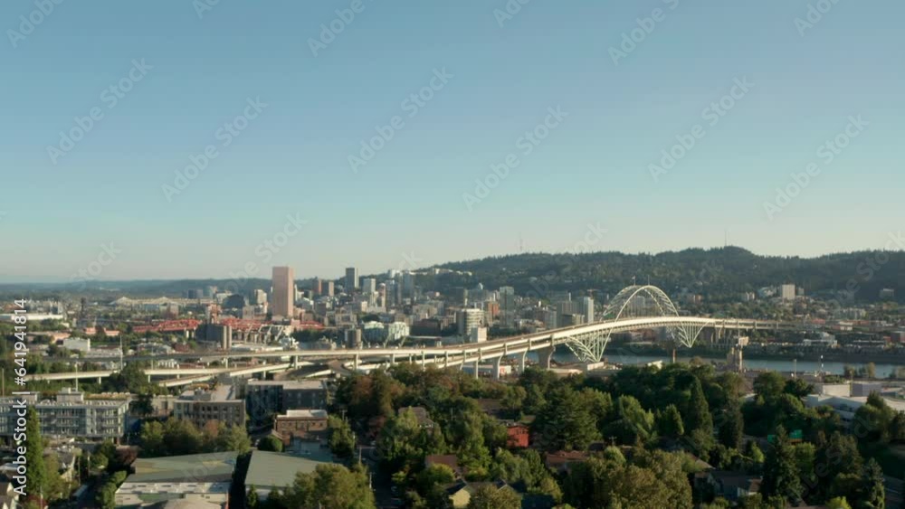 Aerial shot towards central Portland from green North East neighbourhood Aerial shot towards central Portland from green North East neighbourhood