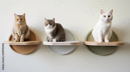 Three Content Cats Lounging on Wall-Mounted Boards