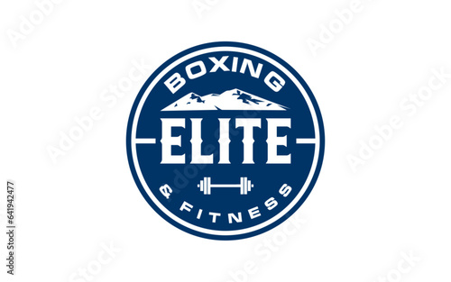 Mountain landscape with barbel for Hipster Adventure Traveling and fitness logo