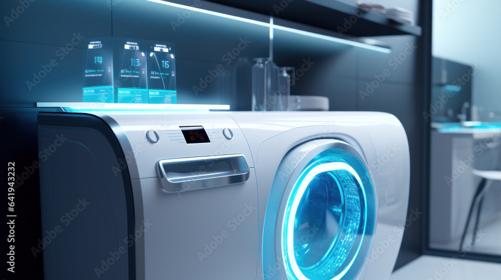 Freestanding washer dryer, futuristic concept for exhibitions and shows. Digital control - obrazy, fototapety, plakaty 