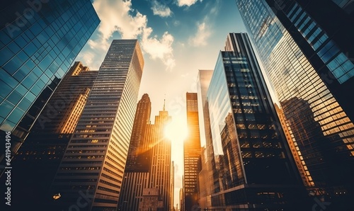 Photo of a stunning cityscape with sun rays streaming through the towering buildings