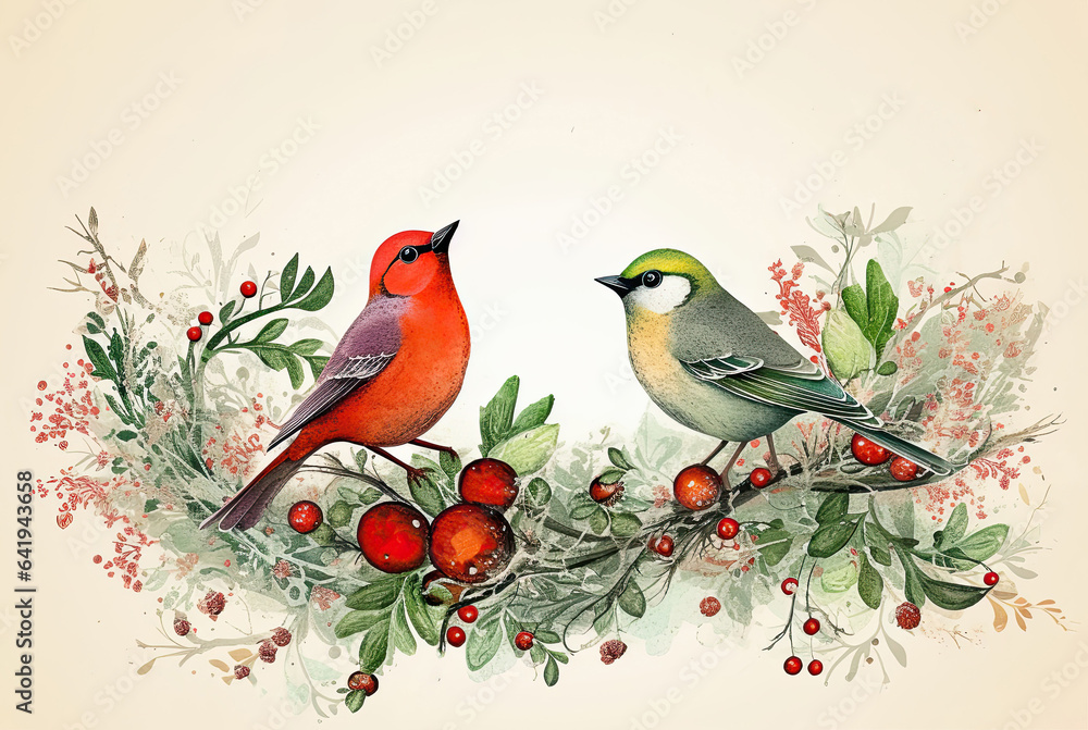 Christmas Poster. illustration of Christmas Background with branches of christmas tree and birds