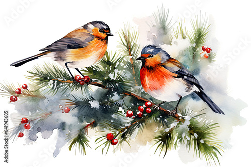 Christmas Poster. illustration of Christmas Background with branches of christmas tree and birds © bit24